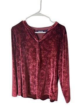 Lands' End Women's Velvet Floral-Print Long Sleeve Top - Wine Red size L
